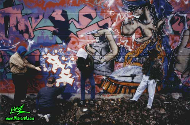 Photo of B.Base, Werner "Mr.W" Skolimowski & 2 other graffiti writers at Hamburg's first Legal Graffiti Hall Of Fame in 1988. First Legal "Graffiti Hall Of Fame" in Hamburg